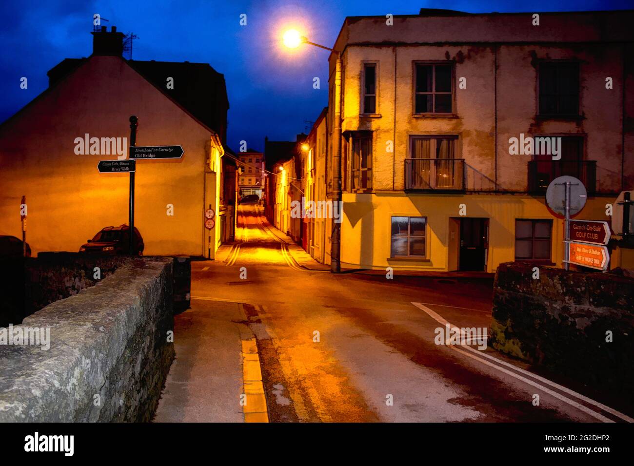 The streets of the town of Carrick-on-Suir at night.County Tipperary, Ireland. Stock Photo