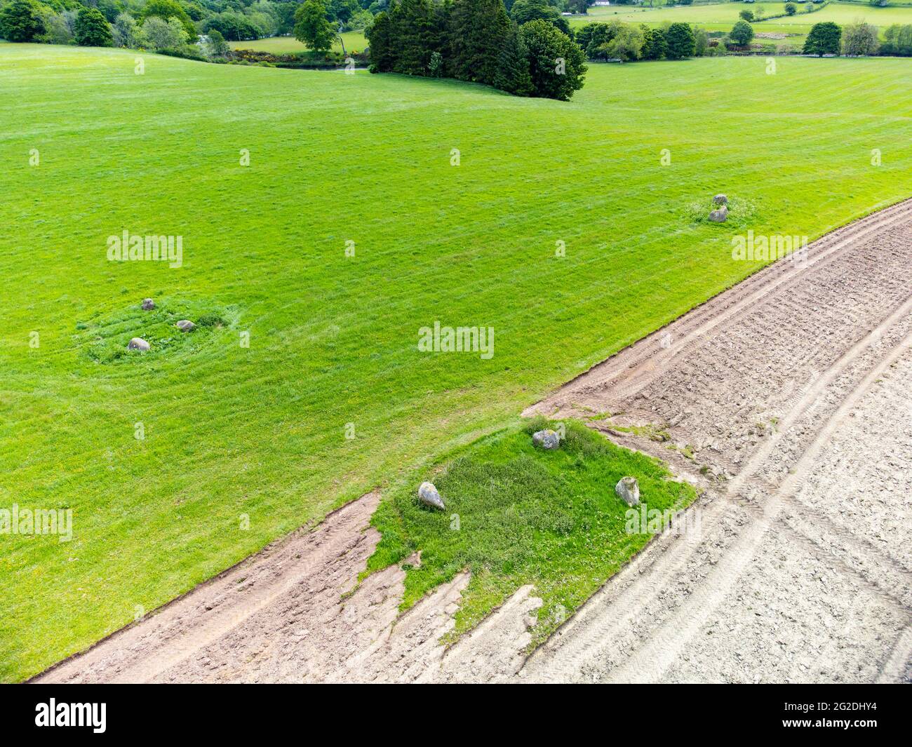 Aerial view of three stone circles in a field at Fortingall in Glen Lyon, Perthshire, Scotland, UK Stock Photo