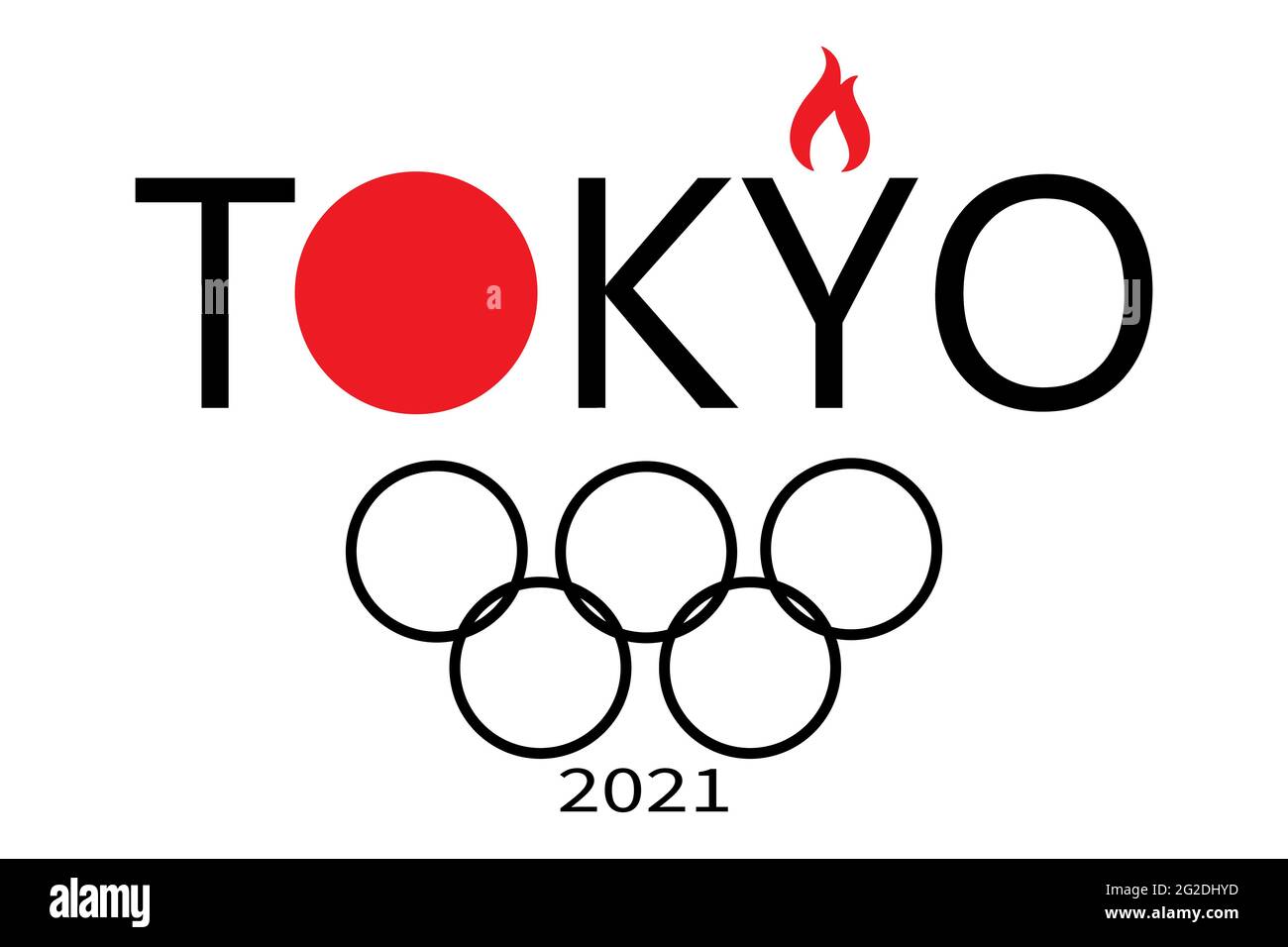 Welcome to Japan. XXXII Summer Olympic Games. Olympic rings and Olympic flame. Tokyo 2021 sports games. For logo, sticker, poster. Stock Vector