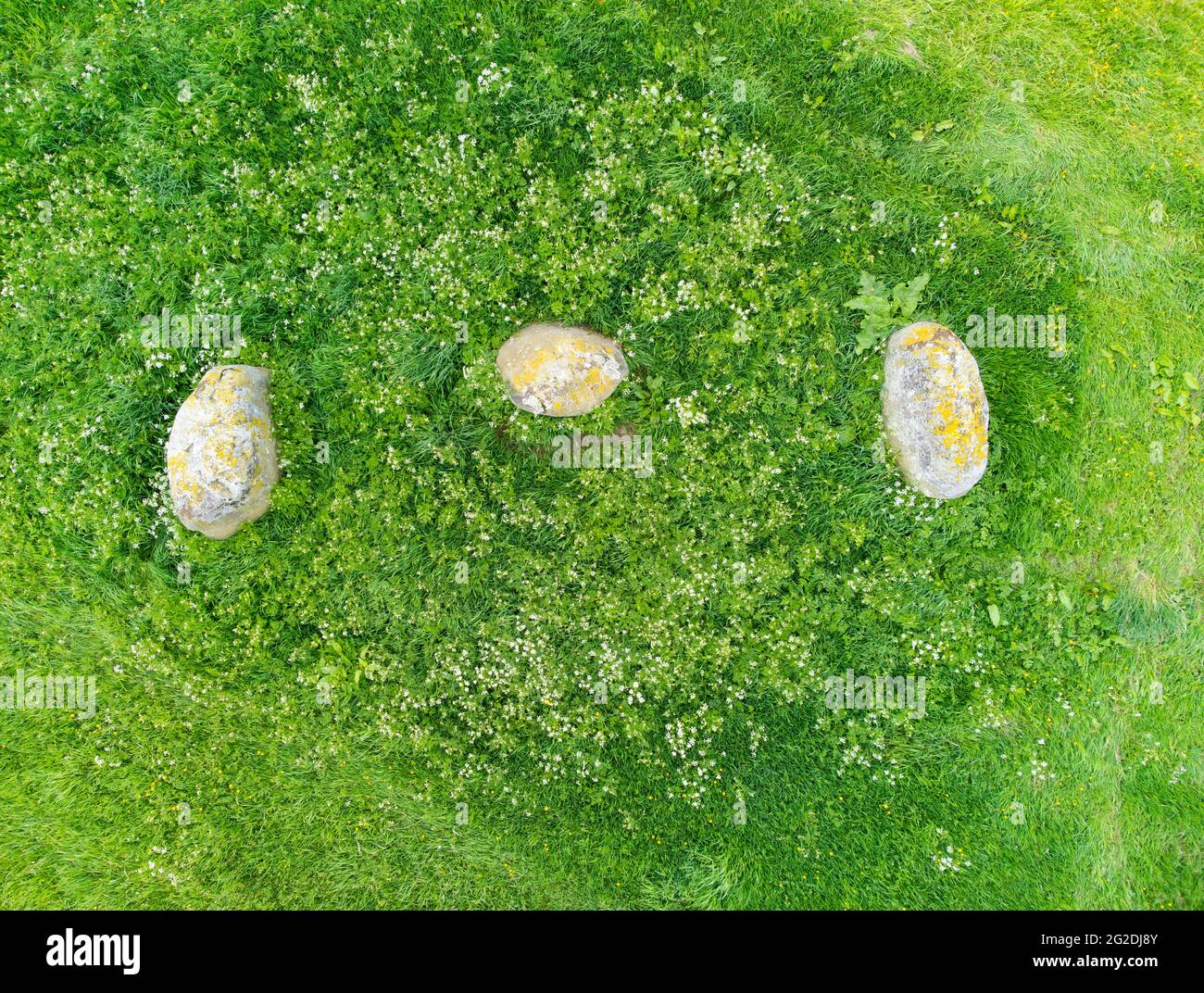 Aerial view of three stone circles in a field at Fortingall in Glen Lyon, Perthshire, Scotland, UK Stock Photo