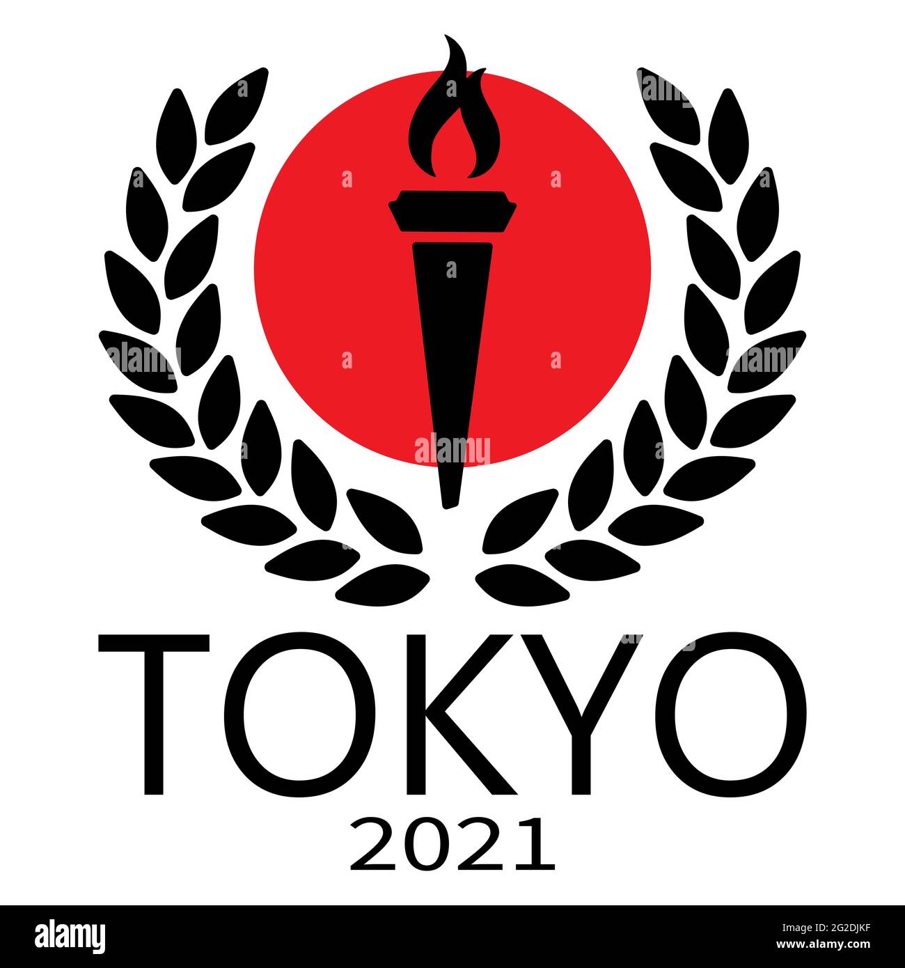 Summer Olympic Games. Olympic torch against the background of the Japanese flag and the winner's laurel wreath with the inscription Tokyo 2021. Stock Vector