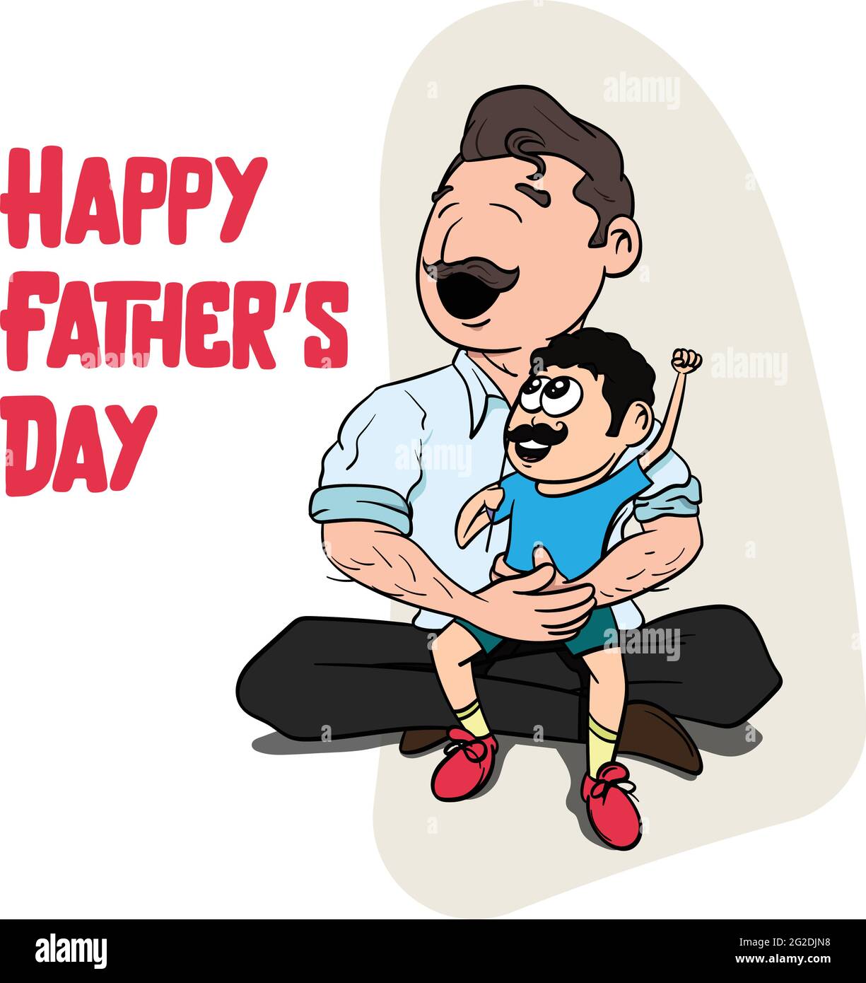 Happy Father's Day Vector Graphic. Kids playing with father. Kid imitating father with mustache. Superhero Father with Kid Sitting in Lap. Stock Vector