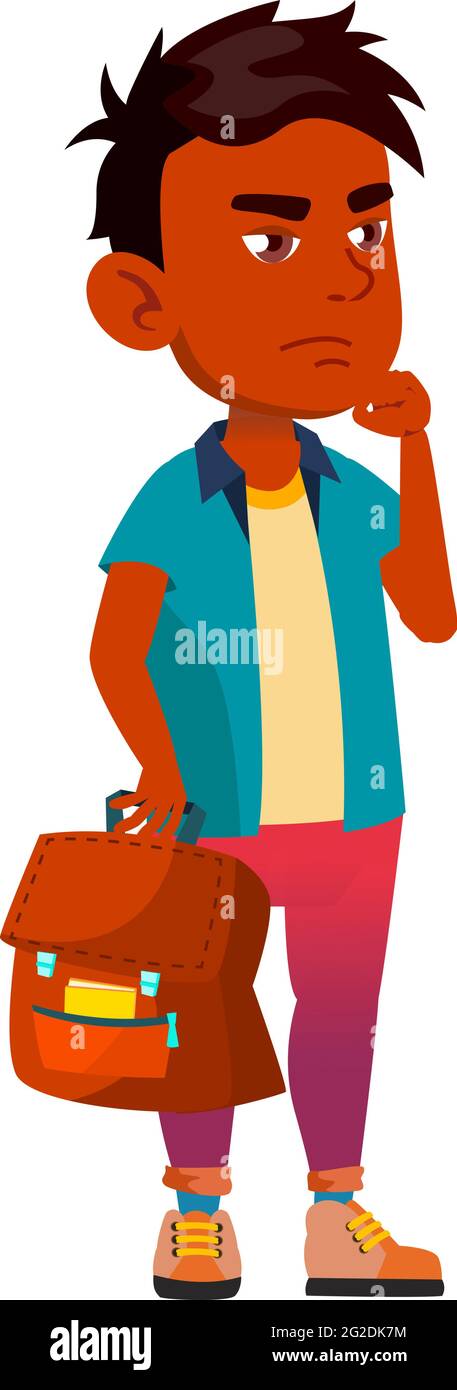 thoughtful boy with school bag on educational lesson cartoon vector ...