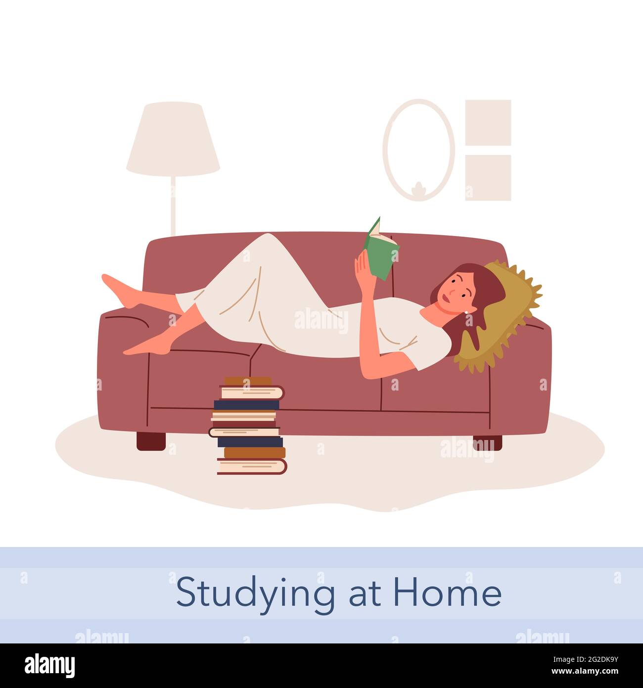 People read and study, education or hobby, young woman student lying on sofa, reading Stock Vector