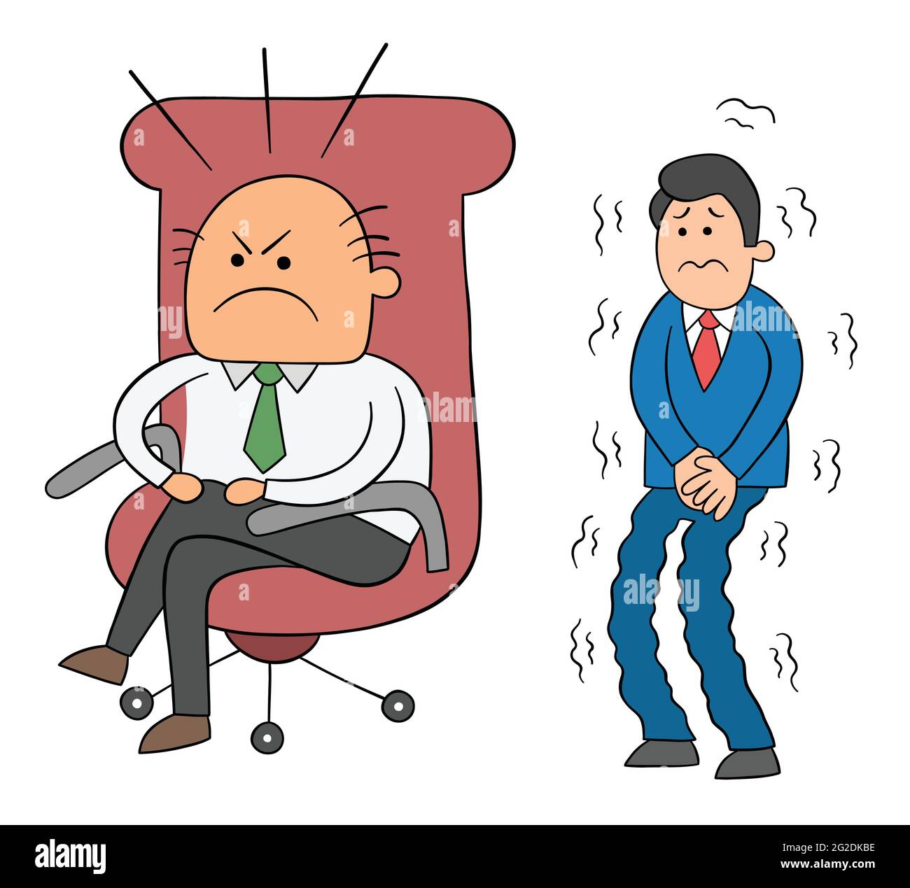 Cartoon angry boss man sitting in his chair and scared worker waiting  behind him, vector illustration. Black outlined and colored Stock Vector  Image & Art - Alamy