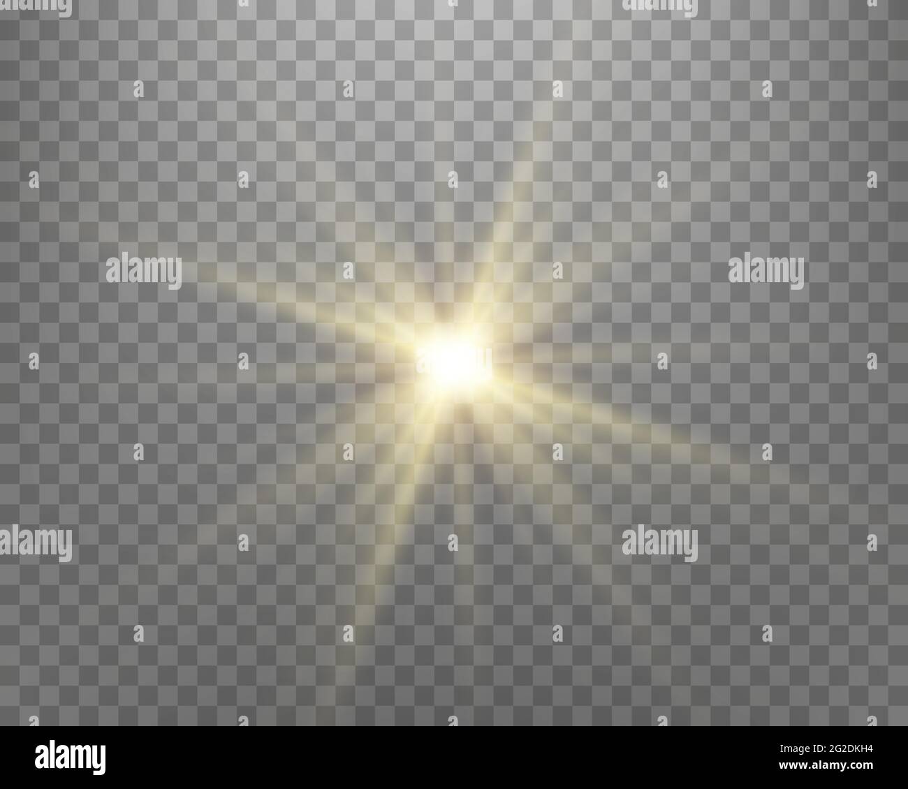 Sunlight lens flare, sun flash with rays and spotlight. Gold glowing burst explosion on a transparent background.  Vector illustration. Stock Vector