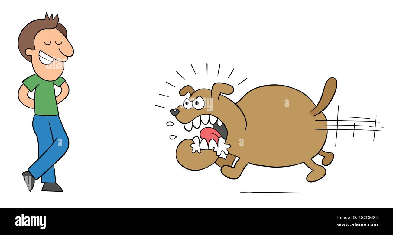 Cartoon angry and huge dog runs to bite the man, but the man is not afraid, vector illustration. Black outlined and colored. Stock Vector