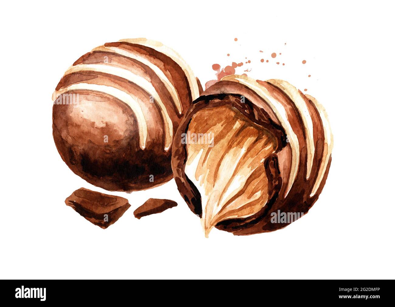 Chocolate candy truffle with soft caramel praline filling. Hand drawn watercolor illustration isolated on white background Stock Photo