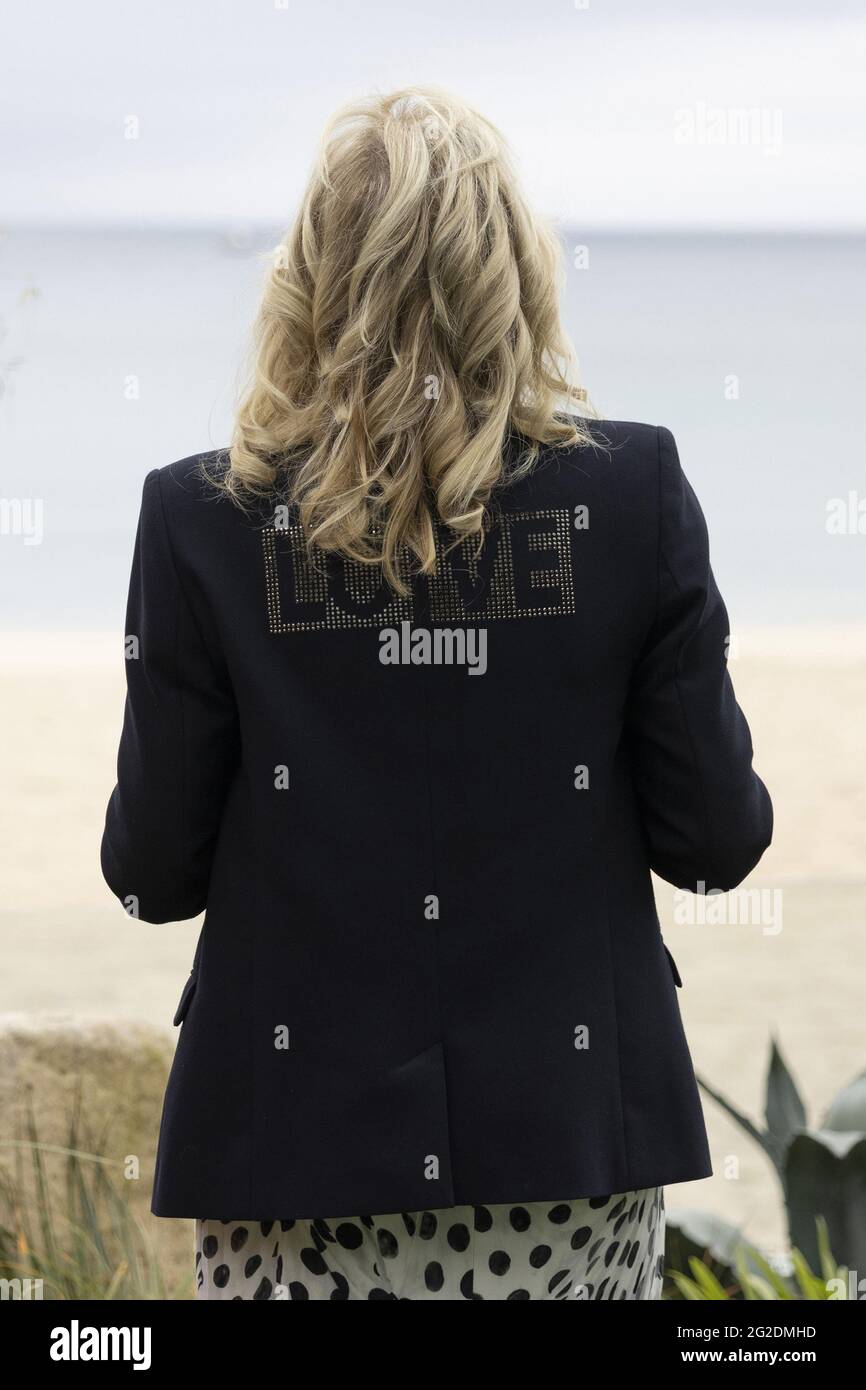 Carbis Bay, UK. 10th June, 2021. First Lady Dr. Jill Biden wears a jacket with the word 'LOVE' emblazoned on the back ahead of the G7 Leaders' Summit in Carbis Bay Cornwall, United Kingdom, on June 10, 2021. Photo by Simon Dawson/No 10 Downing Street/UPI Credit: UPI/Alamy Live News Stock Photo