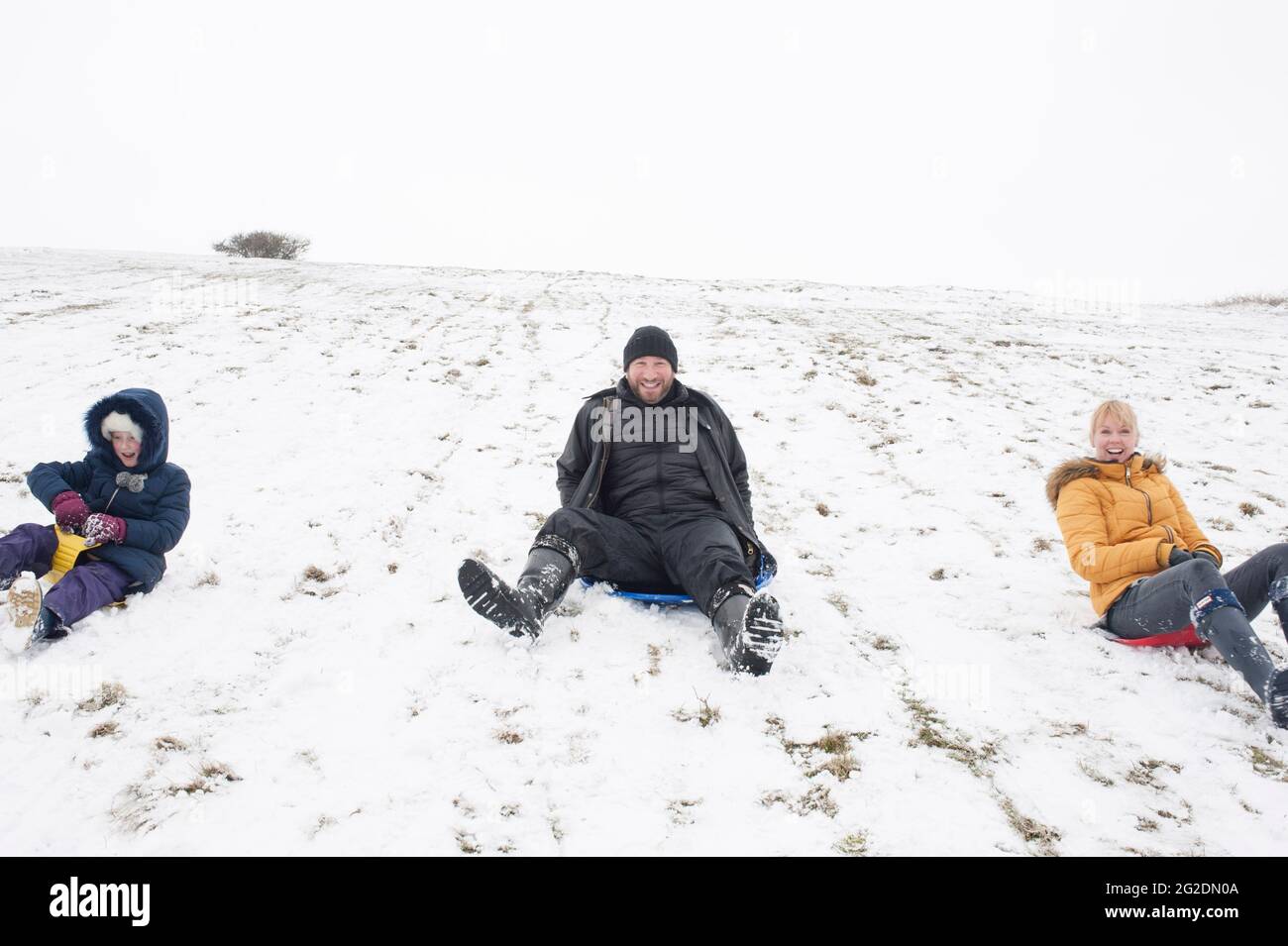 A family has fun sledging on Mill Hill in Shoreham-by-Sea, West Sussex after a light covering of snow on the ground. Stock Photo