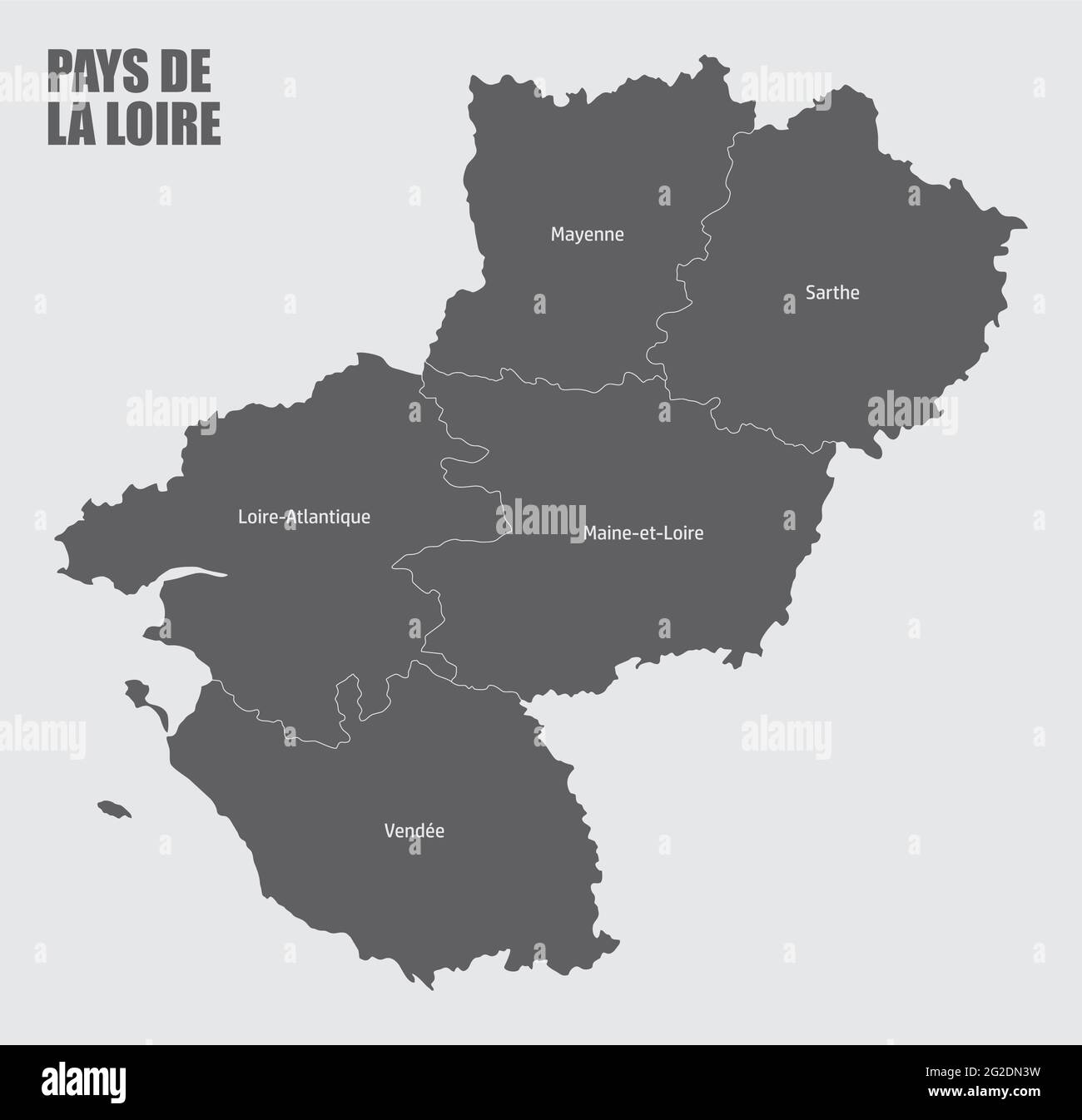 Pays de la Loire administrative map divided in departments with labels