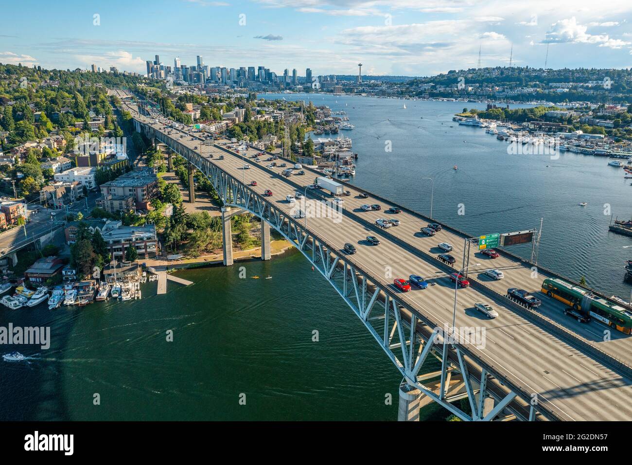 Large Panoramic View of Seattle and I-5 Bridge Lake Union Washington State Stock Photo