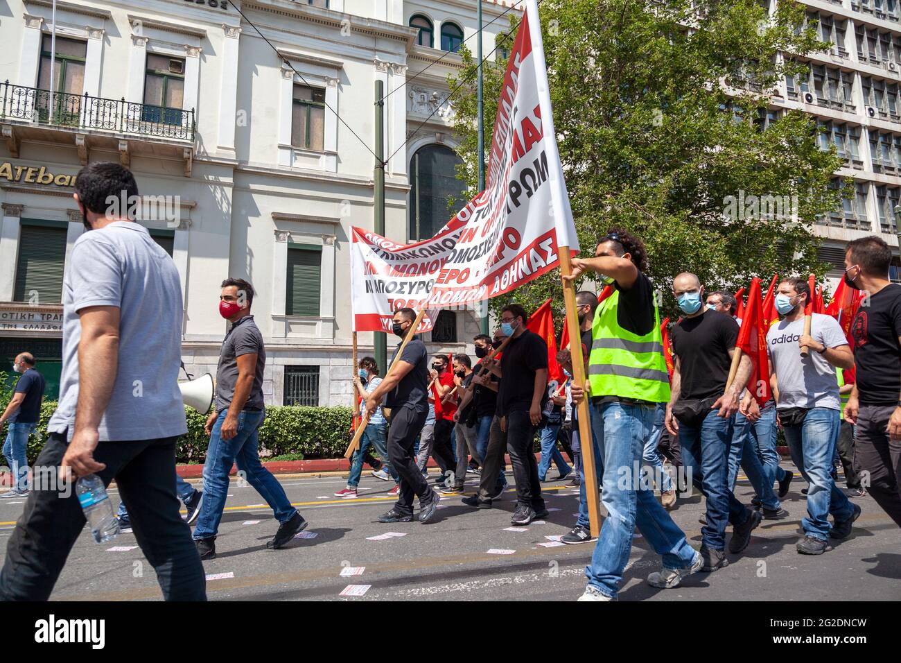 Workers of the Builders Union during general strike in Athens, Greece, against the new labor bill of the conservative government of New Democracy. Stock Photo