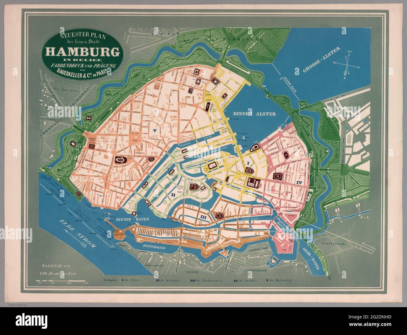 Hamburg Map, Hamburg Plan, Hamburg Maps, Map of Hamburg, Plan of Hamburg, Hamburg City, Retro Hamburg Map, Vintage Hamburg Map, Old Hamburg Map, 1845 Stock Photo