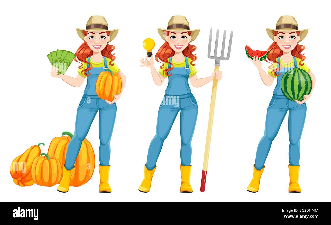 Beautiful woman farmer, set of three poses. Cute girl farmer cartoon ...