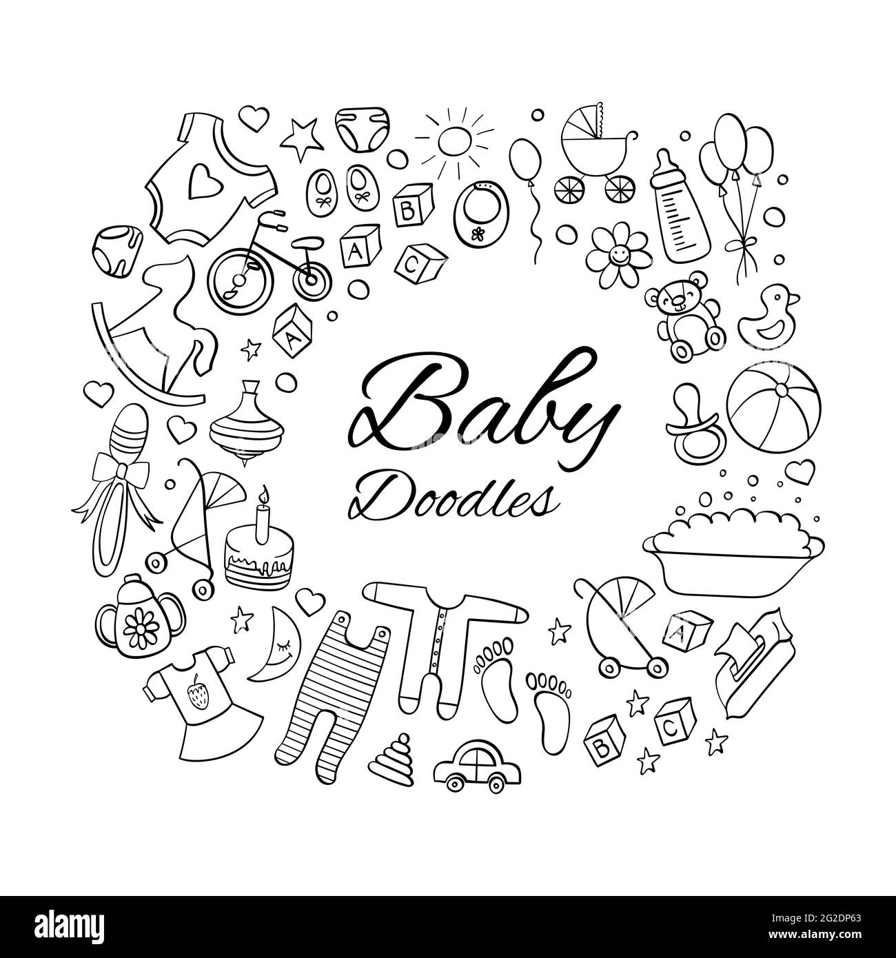 Newborn baby hand drawn doodles. Cute outline icons on white background. Vector illustration. Stock Vector