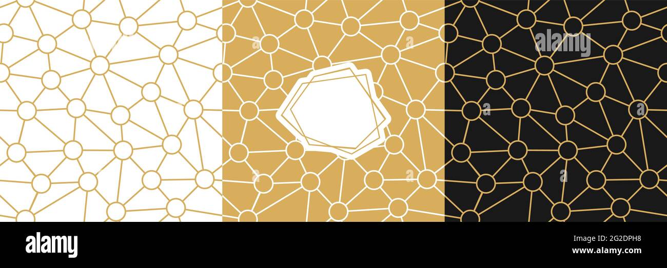 Vector seamless geometry wire pattern, triangle and ring mosaic in gold, black and white colors. Geometric background for fabric, scrapbooking, wallpaper, wrapping. Stock Vector