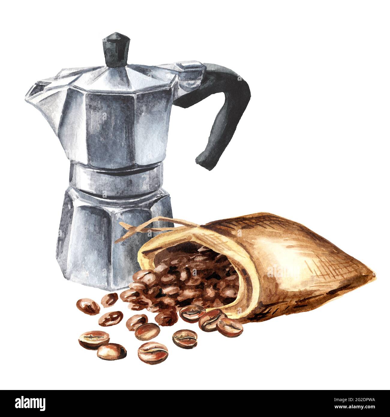 Aqua Bialetti coffee maker and coffee beans. Watercolor hand drawn