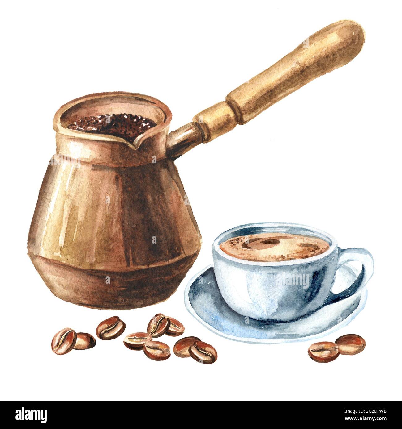 Vintage jezva for coffee. Turka with coffee. Dishes. Vector