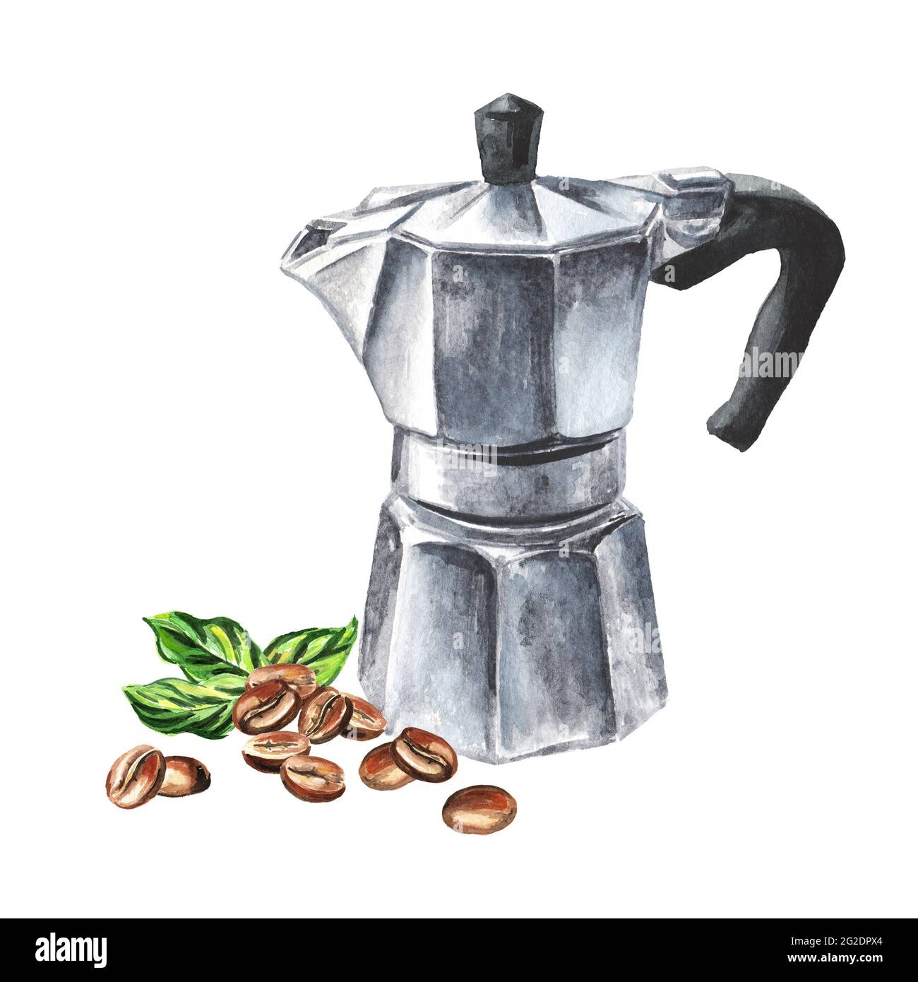 Aqua Bialetti coffee maker and coffee beans. Watercolor hand drawn  illustration isolated on white background Stock Photo - Alamy