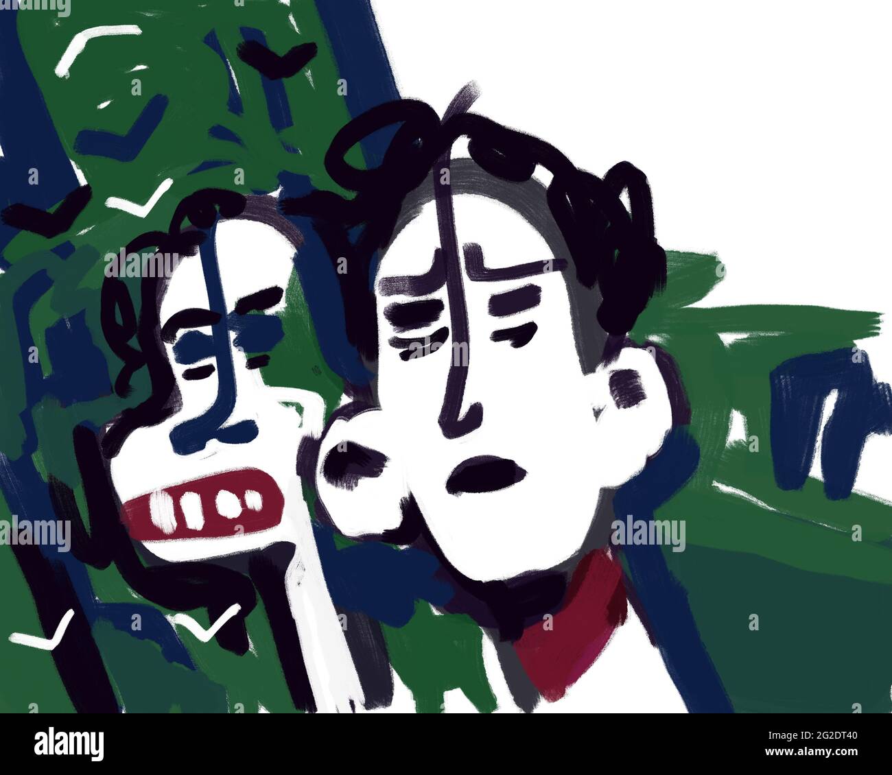 Couple walking with nature in background, sad and angry faces. Expressionist digital painting illustration for print, poster and art product. Stock Photo