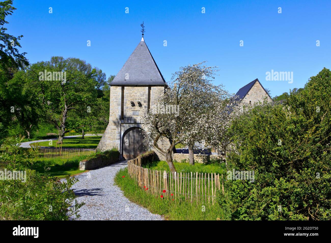 Main entrance to the picturesque 13th century Crupet Castle in Assesse (Namur province), Belgium Stock Photo