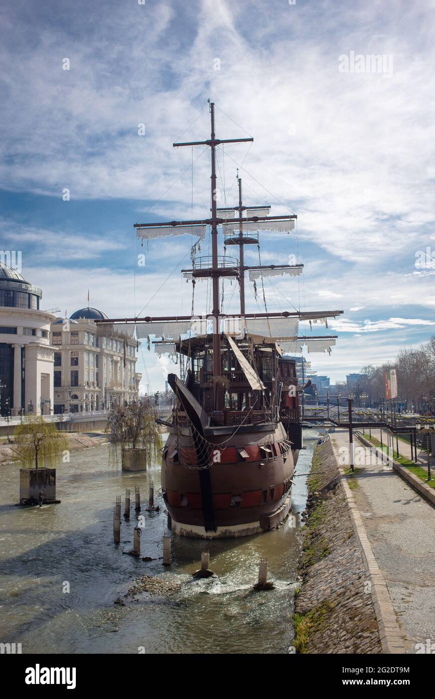 North Macedonia, Skopje, May 2020, Wooden sailing ship in Macedonian
