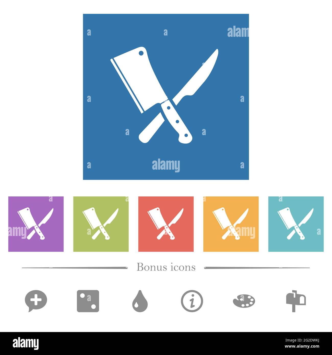 Crossed meat cleaver and knife flat white icons in square backgrounds ...