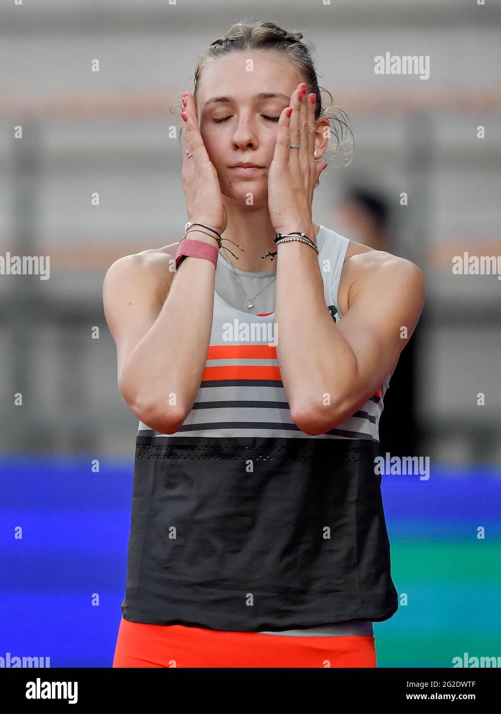 FLORENCE, ITALY - JUNE 10: Femke Bol of the Netherlands before competing in the Women’s 400m Hurdles during the Wanda Diamond League athletics meeting at Stadio Luigi Ridolfi on June 10, 2021 in Florence, Italy (Photo by Andrea Staccioli/Orange Pictures) Stock Photo