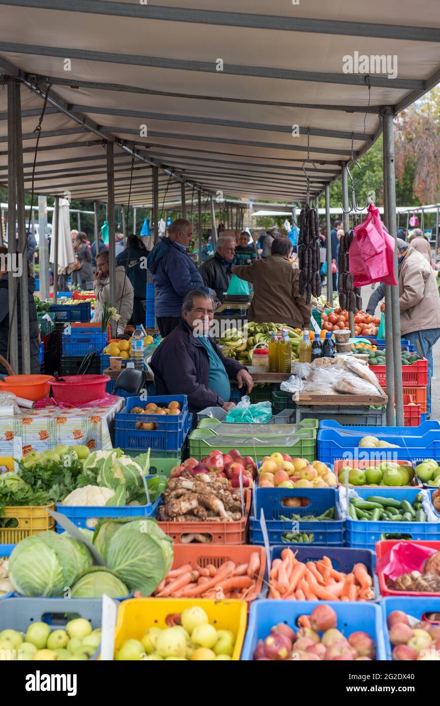 People buying groceries at a fruit and vegetable market in Nicosia Cyprus Stock Photo