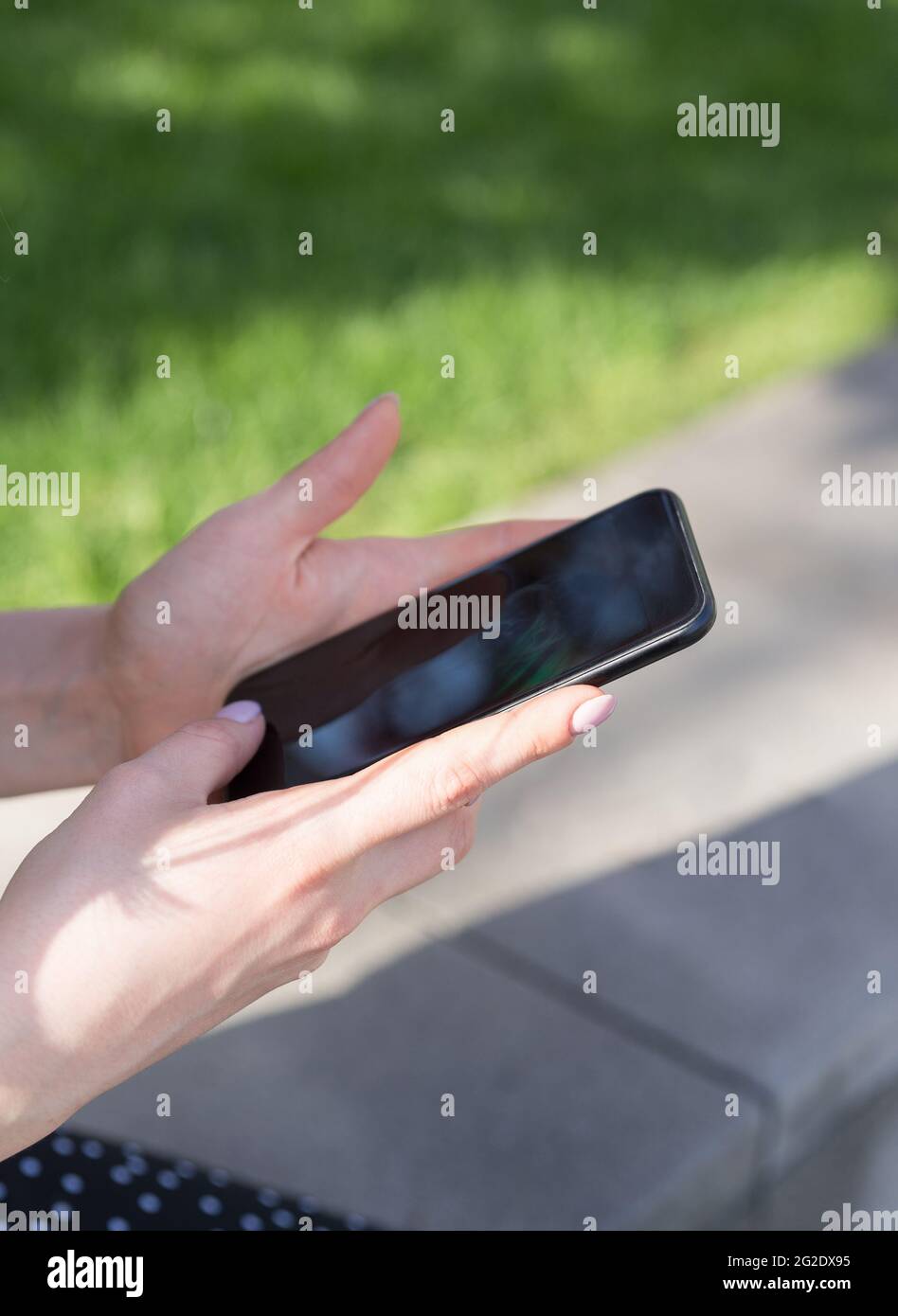 Womens hands with a smartphone in their hands on the background of a green lawn Stock Photo