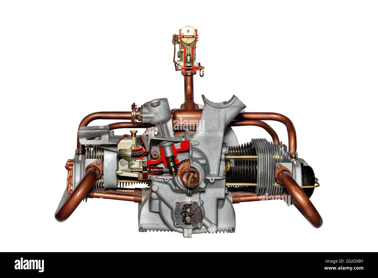 Lowpower fourcylinder internal combustion engine of a car on a stand with a cut of the piston