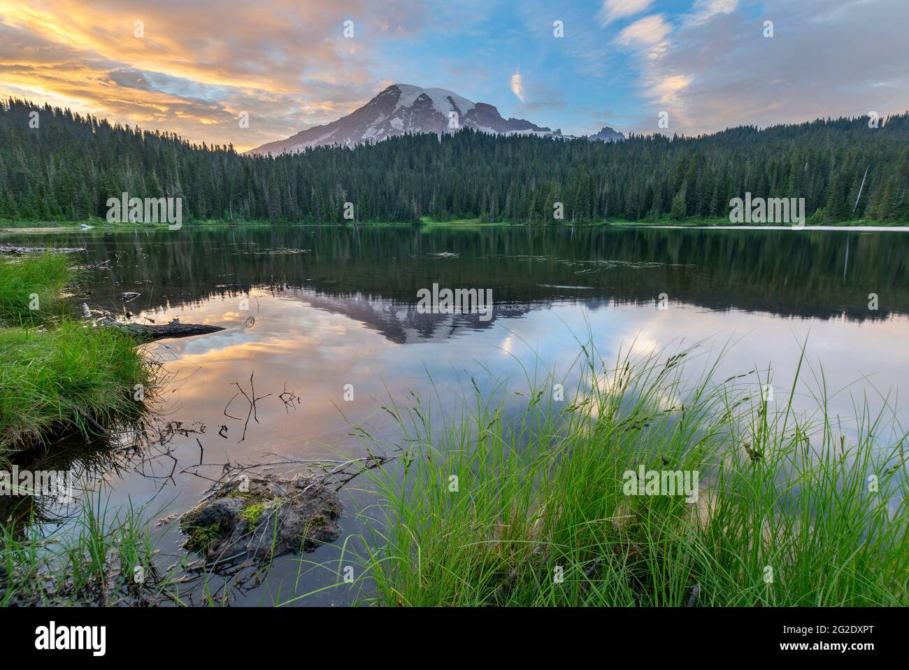 Beautiful Sunset over Reflection Lakes in Rainier National Park wth the Mountain Reflecting on the Lake Stock Photo