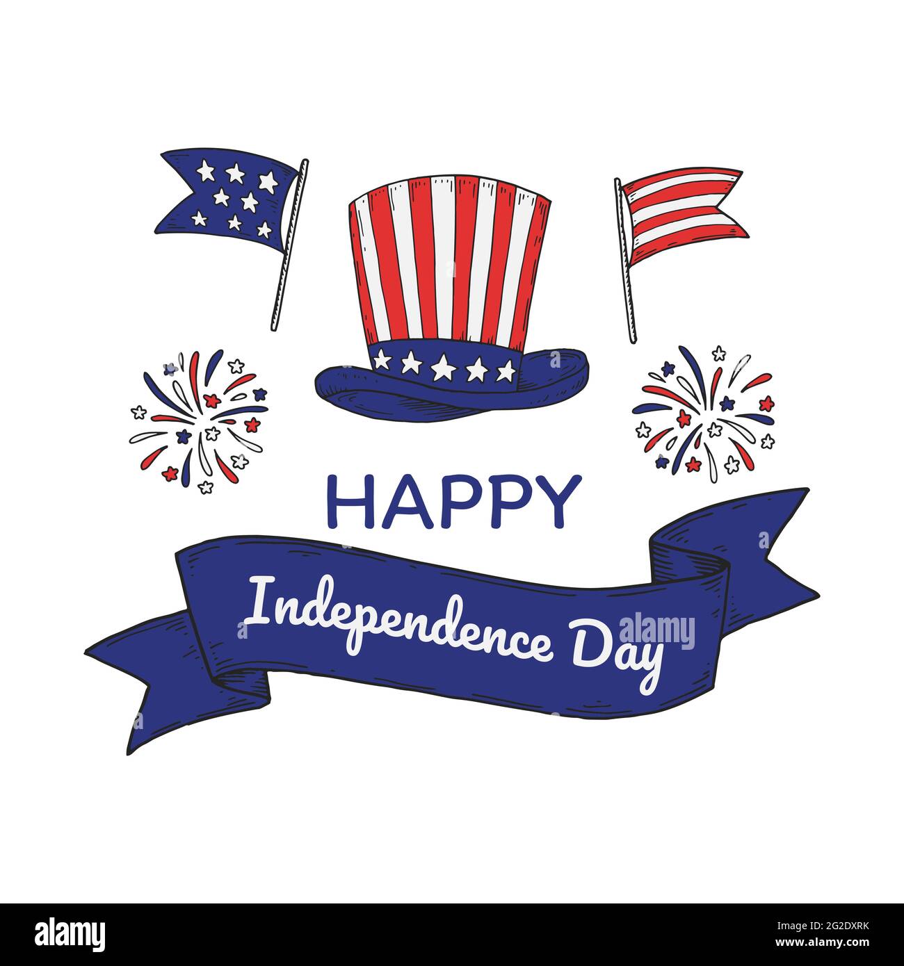 Happy USA Independende Day design with flags and cap. 4th of July. Hand drawn vector illustration Stock Vector