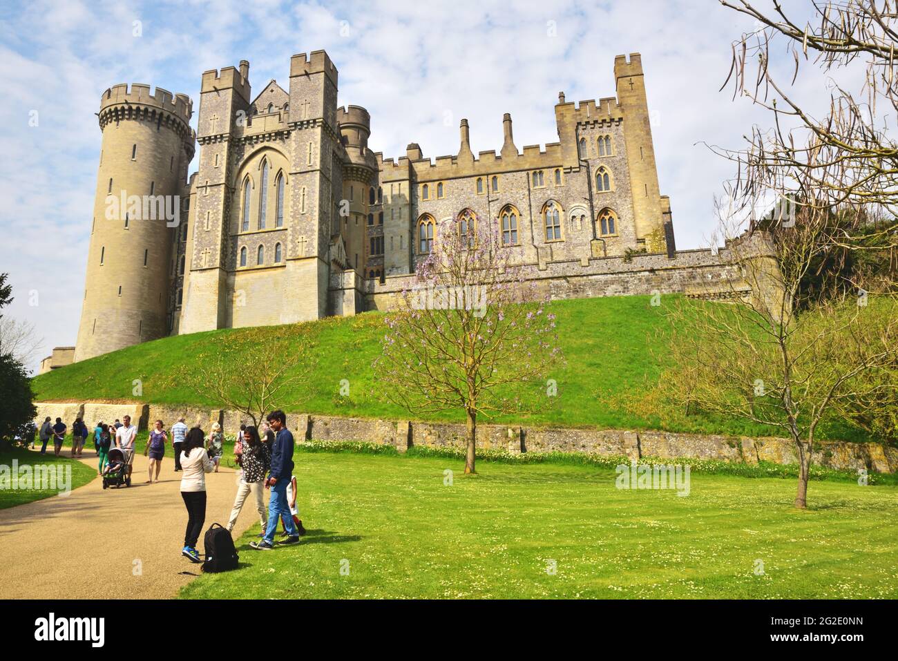 Arundel Castle, Arundel, West Sussex, during the annual Tulip Festival, showing the castle's elevated position Stock Photo