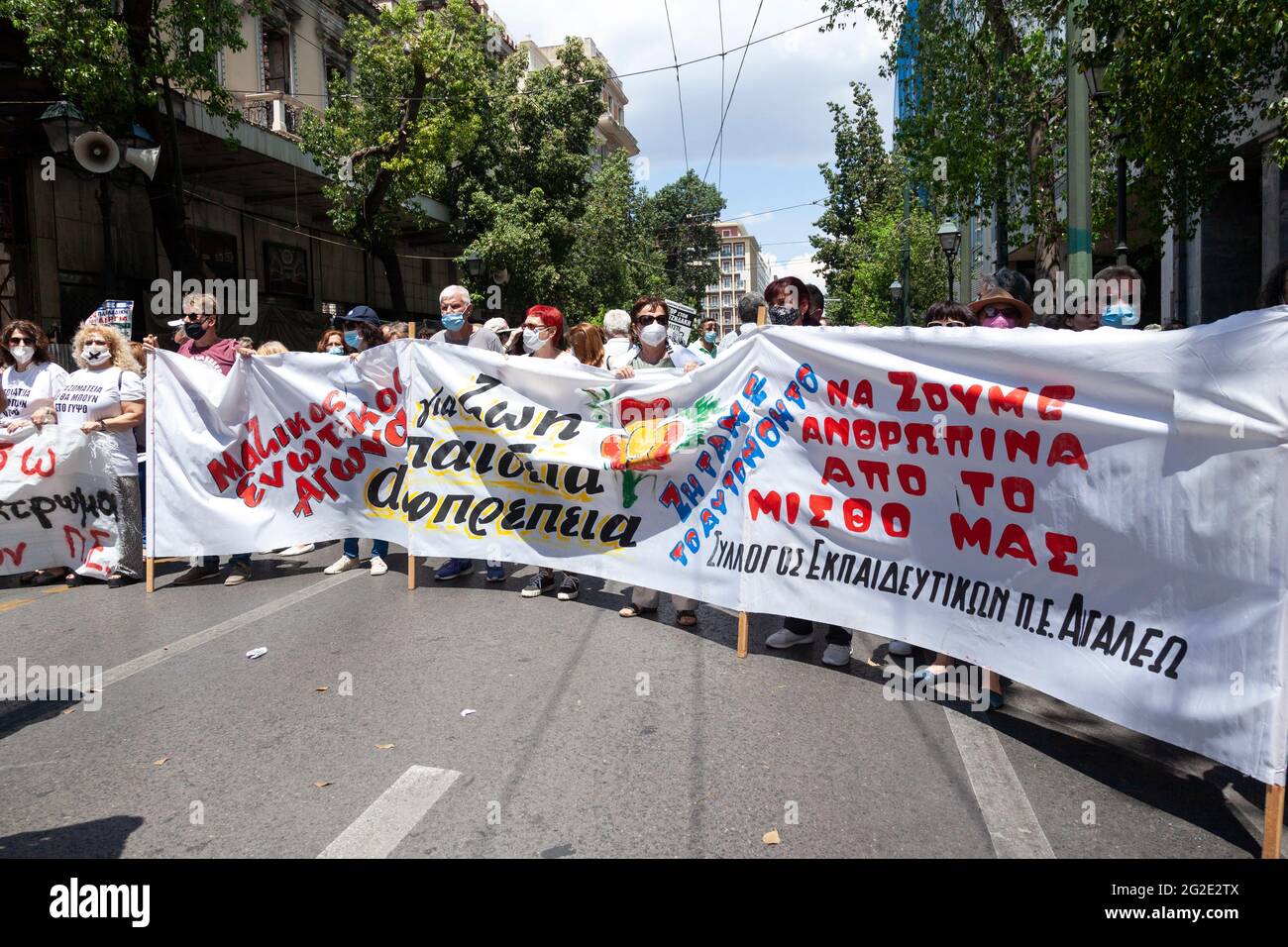 Teachers protest during the general strike in Athens against the Labour Bill of the conservative government that abolishes labour rights. Stock Photo