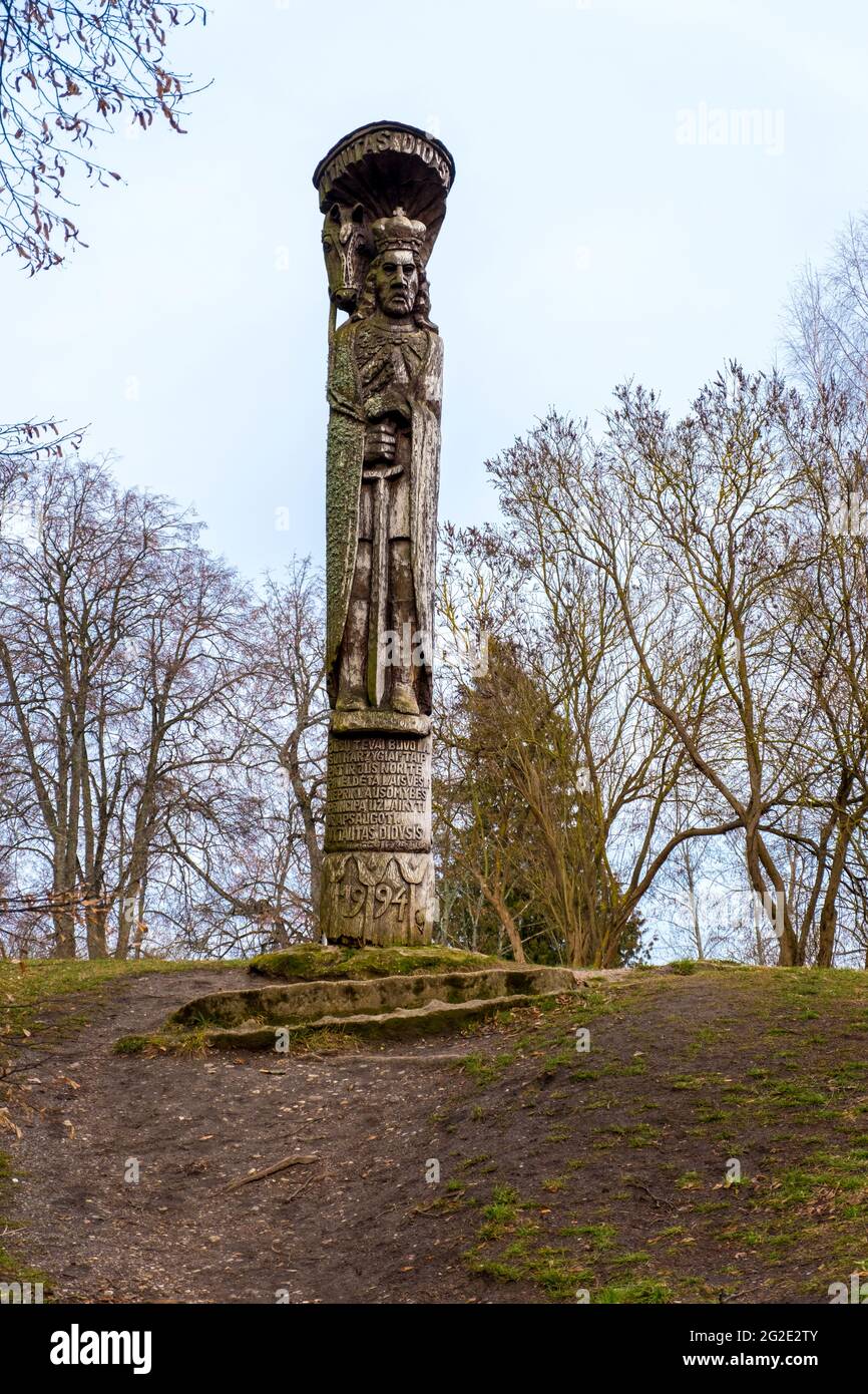 Trakai, Lithuania - February 16, 2020: Wooden statue of Vytautas the Great, ruler of the Grand Duchy of Lithuania in Trakai, Vilnius County Stock Photo
