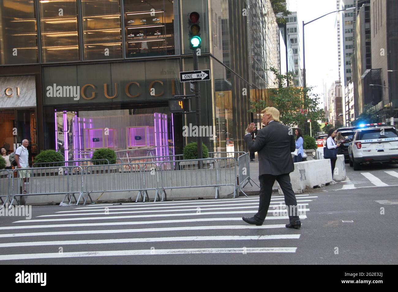 New York, USA. 10th June, 2021. (NEW) Donald Trump Look Alike Entertains Public at Trump Tower. June 10, 2021, New York, USA: Neil Harbinsson, who dresses up like former US President, Donald Trump, entertains people in front of Trump Tower on 5th Avenue, New York. He walks around, controls vehicle traffic and takes pictures with people.Credit: Niyi Fote/TheNews2 Credit: Niyi Fote/TheNEWS2/ZUMA Wire/Alamy Live News Stock Photo