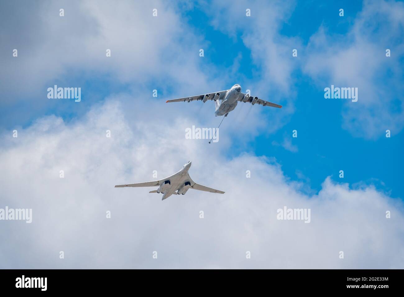 Moscow, Russia - May, 05, 2021: The group of supersonic strategic bomber of long-range aviation Tu-160 and flying tanker Il-78m fly over the Red Squar Stock Photo