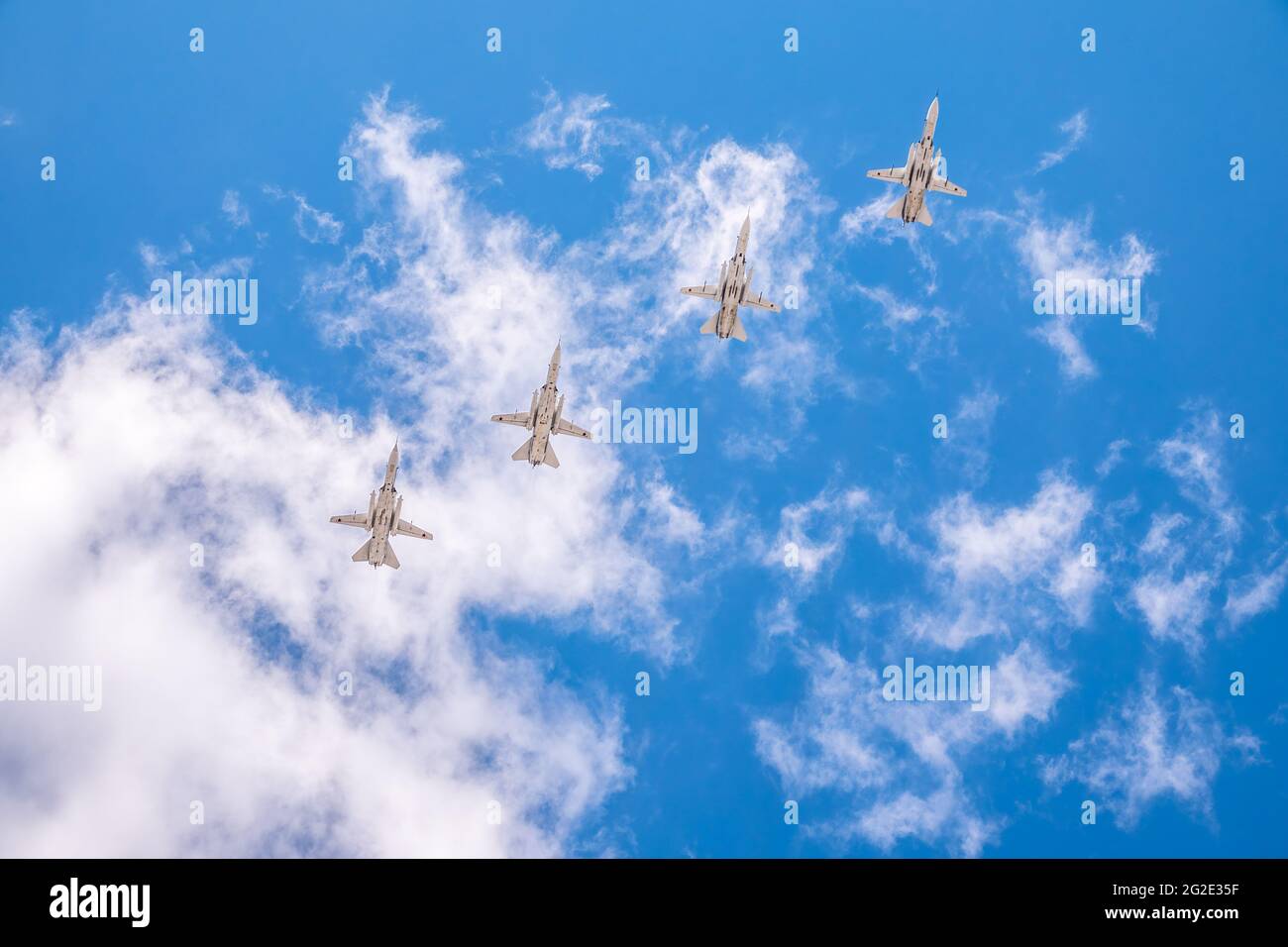 Moscow, Russia - May, 05, 2021: Sukhoi SU-24 flying over Red Square during the preparation of the Victory Day May 9 parade. Stock Photo