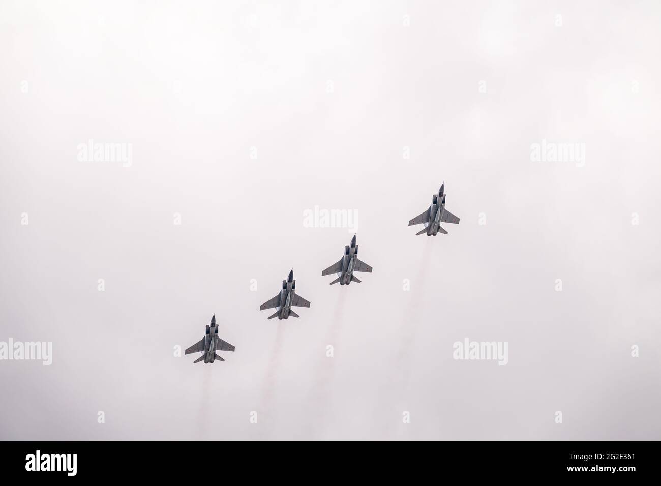 Moscow, Russia - May, 05, 2021: Four MIG-31K, Foxhound, with Kh-47M2 Kinzhal missle flying over Red Square during the preparation of the May 9 parade. Stock Photo