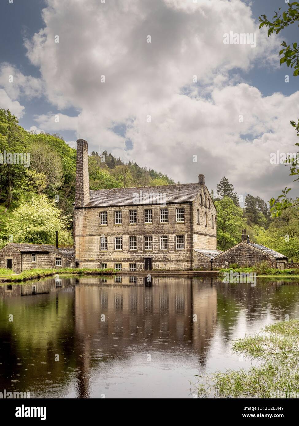 Gibson Mill, a former cotton mill in Hardcastle Crags, wooded Pennine valley in West Yorkshire, England. Now an off-grid visitor attraction. Stock Photo