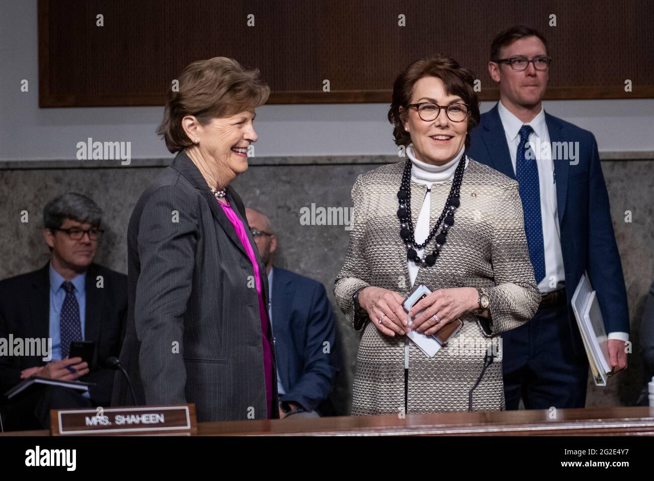 United States Senator Jeanne Shaheen (Democrat of New Hampshire), left, talks with United States Senator Jacky Rosen (Democrat of Nevada), right, during a Senate Committee on Armed Services hearing to examine the Department of Defense budget posture in review of the Defense Authorization Request for fiscal year 2022, in the Dirksen Senate Office Building in Washington, DC, Thursday, June 10, 2021. Credit: Rod Lamkey/CNP /MediaPunch Stock Photo