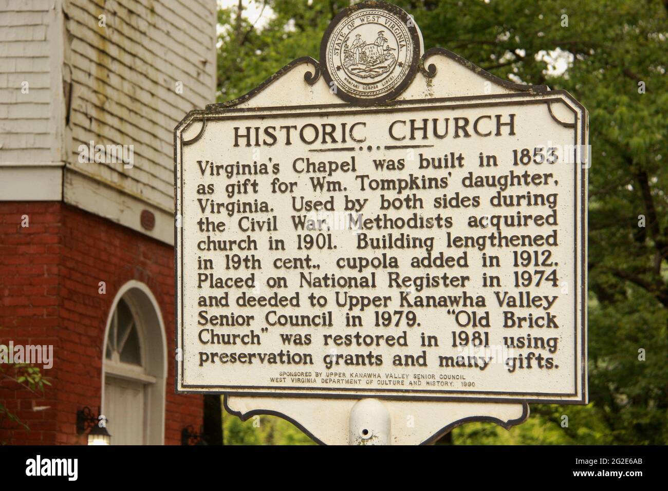 Historical marker at the 19th century Virginia's Chapel, WV, USA Stock
