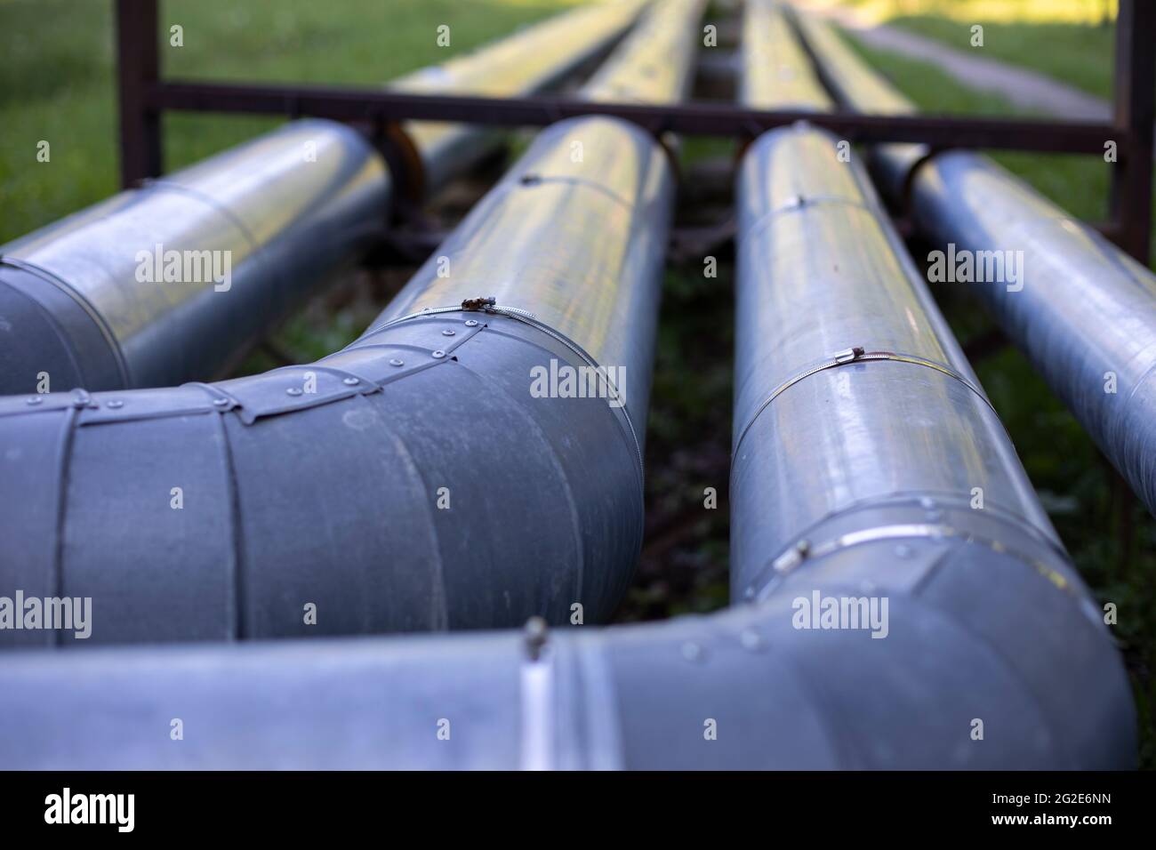 Heating pipes outside. in the city. Hot water flows