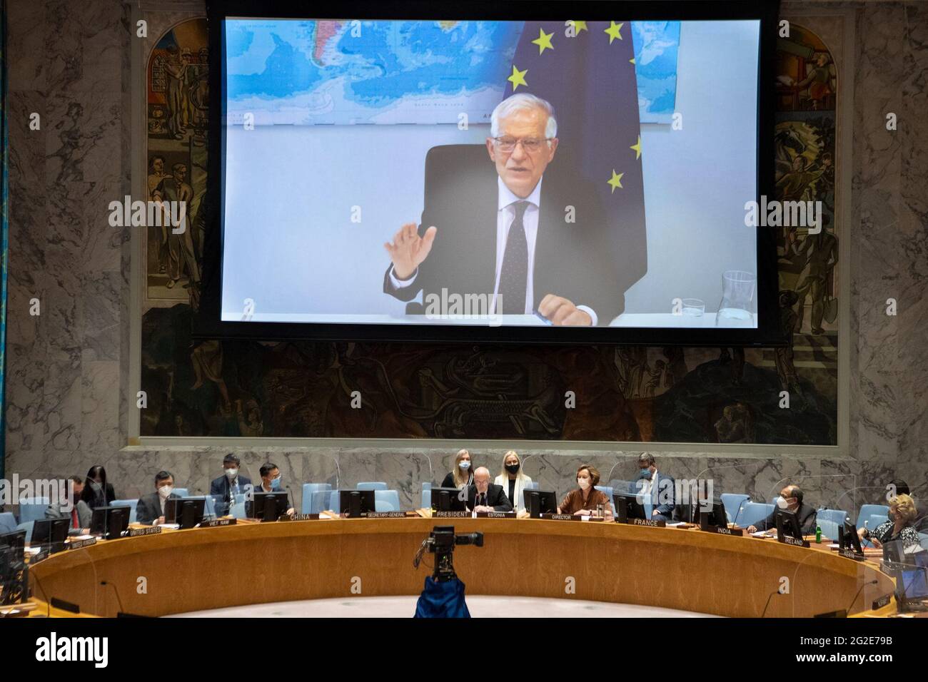 (210610) -- UNITED NATIONS, June 10, 2021 (Xinhua) -- Josep Borrell, the foreign policy chief of the European Union (on screen) addresses a Security Council meeting on UN-EU cooperation via video link at the UN headquarters in New York, June 10, 2021. Josep Borrell on Thursday called for efforts to bring multilateralism alive. (Eskinder Debebe/UN Photo/Handout via Xinhua) Stock Photo