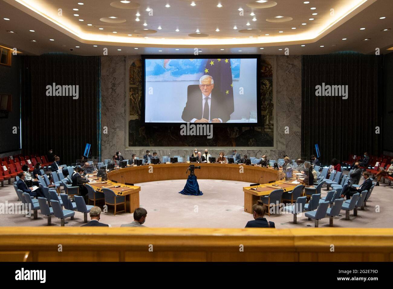 (210610) -- UNITED NATIONS, June 10, 2021 (Xinhua) -- Josep Borrell, the foreign policy chief of the European Union (on screen) addresses a Security Council meeting on UN-EU cooperation via video link at the UN headquarters in New York, June 10, 2021. Josep Borrell on Thursday called for efforts to bring multilateralism alive. (Eskinder Debebe/UN Photo/Handout via Xinhua) Stock Photo