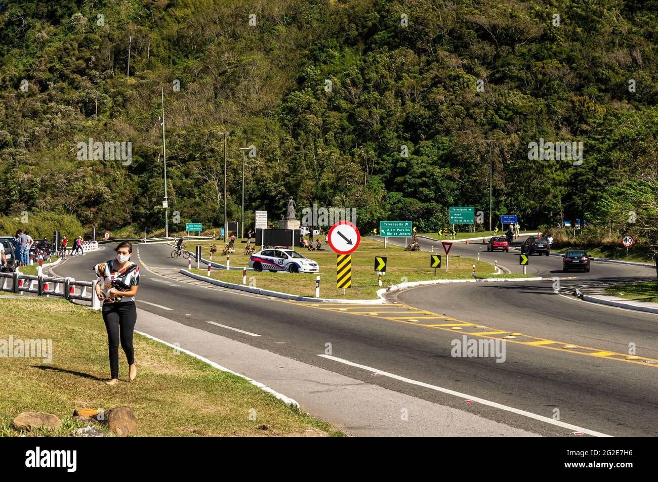 Wide view of Rio-Teresopolis highway cloverleaf interchange right at Teresopolis access road and Mirante do Soberbo viewing spot, facing south. Stock Photo