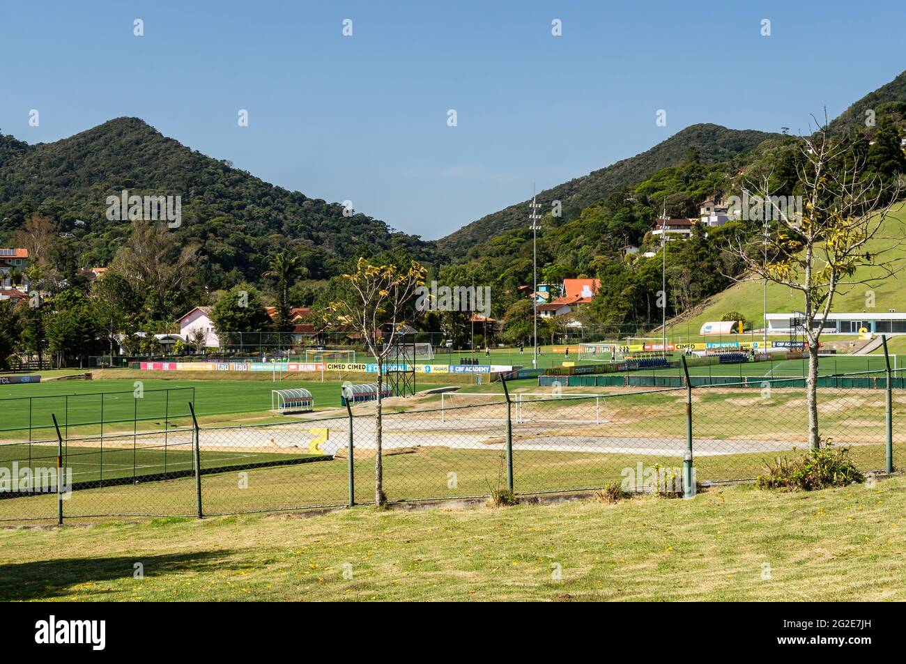 Distant view of the football training fields inside Granja Comary football complex, headquarters of Brazil national football team. Stock Photo