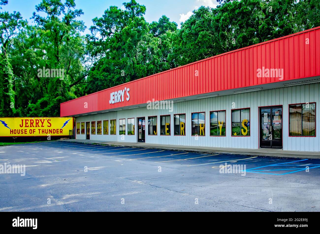 Jerry’s Fireworks is pictured, June 9, 2021, in Theodore, Alabama. Roadside fireworks stands are a popular sight in the American South. Stock Photo